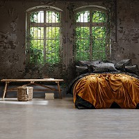 Флизелиновые фотообои листья на стену 368x280 см 3D Зеленые растения в старом окне (14536V10)+клей