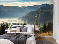 Флизелиновые фотообои с лесом под холмом 416x290 см 3D Пейзаж Природа Хвойный лес в горах (14537VEXXXXL)+клей