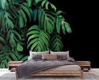 Флизелиновые фотообои зелень 312x219 см 3D Большие зеленые листья на черном фоне (14549VEXXL)+клей