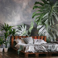 Флизелиновые фотообои под бетон 254x184 см 3D Большие листья монстеры на фоне бетонной стены (14551V4)+клей