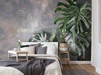 Флизелиновые фотообои зелень 312x219 см 3D Большие листья монстеры на фоне бетонной стены (14551VEXXL)+клей