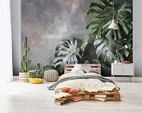 Флизелиновые фотообои красивые 416x254 см 3D Большие листья монстеры на фоне бетонной стены (14551VEXXXL)+клей