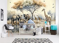 Флизелиновые фотообои пейзаж 254x184 см Акварель для детей Африканские животные на водопое (14571V4)+клей