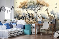Флизелиновые фотообои 368x254 см Акварель для детей Африканские животные на водопое (14571V8)+клей
