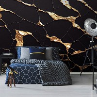 Флизелиновые фотообои стена 312x219 см структура Черный и золотой мраморный гламур (14574VEXXL) +клей