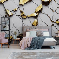Флизелиновые фотообои под мрамор 254x184 см 3D-структура Белый и золотой каменный гламур (14575V4)+клей