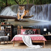 Флизелиновые фотообои для кухни 368x254 см 3D Природа Джунгли Тигр лежит у водопада (14591V8)+клей