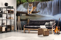 Флизелиновые фотообои в зал 416x290 см 3D Природа Джунгли Тигр лежит у водопада (14591VEXXXXL)+клей