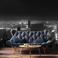 Флизелиновые фотообои в спальню над кроватью 312x219 см Черно-белая панорама ночного города (14594VEXXL)+клей