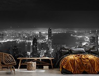 Флизелиновые фотообои красивые 416x254 см Черно-белая панорама ночного города (14594VEXXXL)+клей