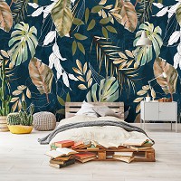 Флизелиновые фотообои 312x219 см Узор из листьев монстеры на синем фоне (14598VEXXL)+клей