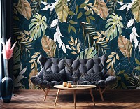 Зелень флізелінові фотошпалери 416x254 см Квіти візерунок з листя монстрів на блакитному тлі (14598VEXXXL)+клей