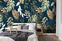 Флизелиновые фотообои зелень 254x184 см Цветы Узор из листьев монстеры на синем фоне (14598V4)+клей