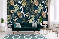 Флізелінові фотошпалери 368x254 см Квіти візерунок з листя монстрів на блакитному тлі (14598V8)+клей