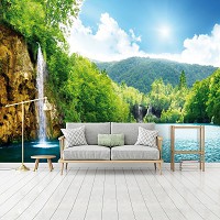 Флизелиновые модные 3д фото обои в зал 416x254 см Пейзаж Природа Небо Зелень Водопад в лесу (145VEXXXL)+клей