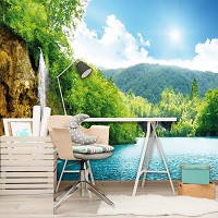 Флизелиновые 3 д фото обои в гостиную 368х254 см Пейзаж Природа Небо Зелень Водопад в лесу (145V8)+клей - вид 7 миниатюра