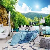 Флизелиновые 3 д фото обои в гостиную 368х254 см Пейзаж Природа Небо Зелень Водопад в лесу (145V8)+клей - вид 8 миниатюра