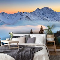 Флизелиновые фотообои 3д 368x254 см Лесной пейзаж на фоне заснеженных гор (14600V8)+клей