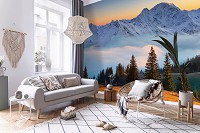 Флизелиновые фотообои деревья на стену 312x219 см ЗD Лесной пейзаж на фоне заснеженных гор (14600VEXXL)+клей