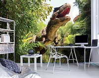 Флизелиновые 3д фотообои в детскую комнату мальчика 368x254 см Огромный динозавр в тропическом лесу (14602V8) +клей