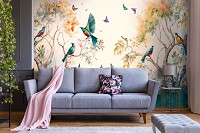 Флизелиновые фотообои с цветами на стену 416x290 см Природа Акварель Птицы на ветках и бабочки (14606VEXXXXL) +клей