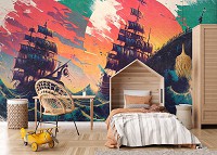 Флизелиновые фотообои в спальню над кроватью детские для мальчика 312x219 см Нарисованные два корабля в море (14609VEXXL) +клей