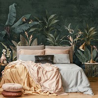 Лето природа флизелиновые фотообои 254x184 см Тропические листья с птичками и бабочками на темной стене (14610V4) +клей