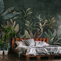 Флизелиновые фотообои 416x290 см Тропические листья с птичками и бабочками на темной стене (14610VEXXXXL) +клей