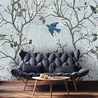 Флизелиновые фотообои 416x254 см Птички и бабочки среди деревьев на голубом фоне (14611VEXXXL)+клей