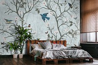 Флизелиновые фотообои в спальню природа 254x184 см Птички и бабочки среди цветущих деревьев на голубом фоне (14611V4) +клей