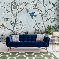 Флизелиновые фотообои цветок 312x219 см Птички и бабочки среди деревьев на голубом фоне (14611VEXXL)+клей