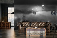 Флизелиновые черно белые фотообои на кухню 312x219 см Городские небоскребы ночью в тумане (14612VEXXL)+клей