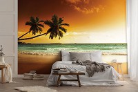 Флізелінові фотошпалери літній краєвид 254x184 см 3D Природа Захід сонця Дві пальми на березі океану (14614V4)+клей