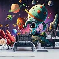 Флизелиновые фотообои в спальню 368x254 см Детские для мальчиков Вселенная Посадка ракеты на планете (14615V8) +клей