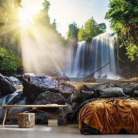 Флизелиновые фотообои для зала 368x254 см 3D Природа Пейзаж Большие камни и водопад (14618V8)+клей