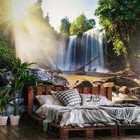 3д флизелиновые фотообои лес 254x184 см Природа Пейзаж Большие камни и водопад (14618V4)+клей