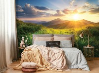 Флизелиновые фотообои закаты 368x254 см ЗD Пейзаж Природа Зеленая трава в горах (14621V8)+клей