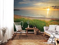 Морской пейзаж флизелиновые фотообои 416x254 см 3D Зеленая трава на пляже (14625VEXXXL)+клей