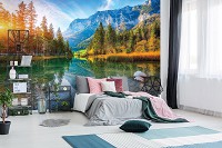 Флизелиновые 3д фотообои в спальню над кроватью 368x280 см Пейзаж прозрачный водоем в лесных горах (14630V10) +клей