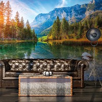 Флизелиновые 3д фотообои природа 368x254 см Пейзаж прозрачный водоем в лесных горах (14630V8) +клей