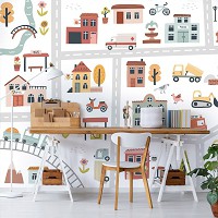 Флизелиновые фотообои 312x219 см В детскую для мальчиков дорожный город с машинками (14632VEXXL)+клей