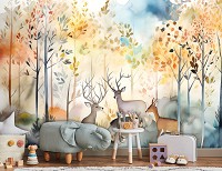 Флизелиновые фотообои в детскую комнату Олень 520x318 см Для детей рисованный лес акварелью (14643VEXXXXXL)+клей