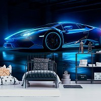 Флизелиновые фотообои 3Д с машинами 416x290 см Неоновый автомобиль Ламборгини (14644VEXXXXL)+клей