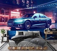 Флизелиновые фотообои ночь 3д 254x184 см Городской неоновый автомобиль Ауди (14645V4)+клей