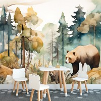 Флизелиновые фотообои 368x254 см В детскую лес и мишки акварелью (14646V8)+клей