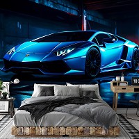 Флизелиновые 3д фотообои машины в интерьере 312x219 см Автомобиль Ламборгини в роскошном неоне (14647VEXXL)+клей