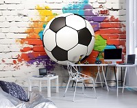 Готовые флизелиновые фотообои 3д детские для мальчиков 416x254 см Имитация кирпичной стены с футбольным мячом (14651VEXXXL)+клей