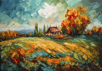 Флизелиновые фотообои для кухни 368x254 см Пейзаж с домиком оливковыми красками (14652V8)+клей