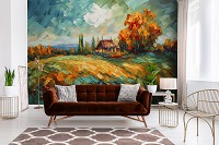 Флизелиновые фотообои природа 254x184 см Пейзаж с домиком оливковыми красками (14652V4)+клей