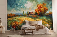 Флизелиновые фотообои природа 312x219 см Пейзаж с домиком оливковыми красками (14652VEXXL)+клей